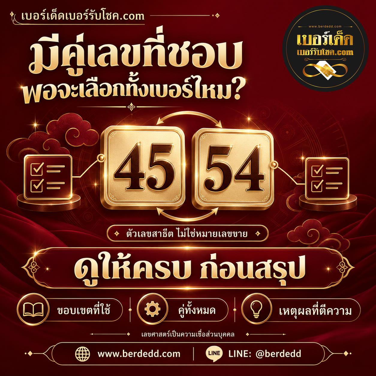 ภาพความรู้คู่เลขตัวอย่าง45และ54 ชวนตรวจขอบเขตและเหตุผลก่อนสรุปทั้งเบอร์ พร้อมโลโก้เบอร์เด็ด เว็บไซต์และLINE